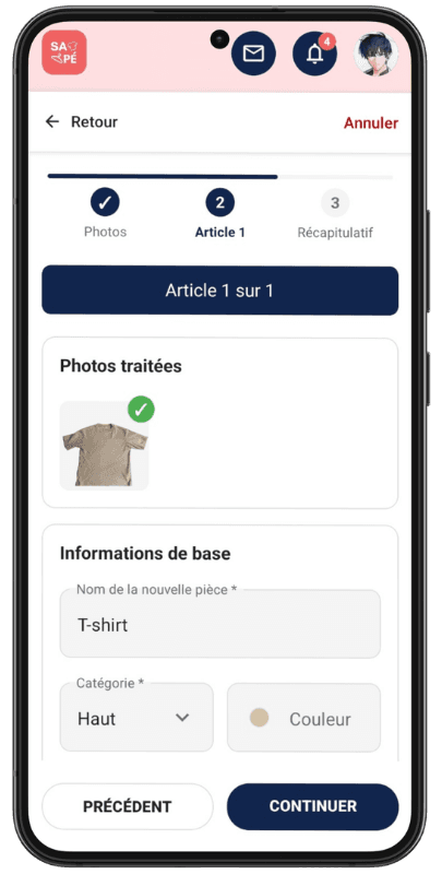 Écran SAPÉ présentant la photo traitée et les informations du vêtement