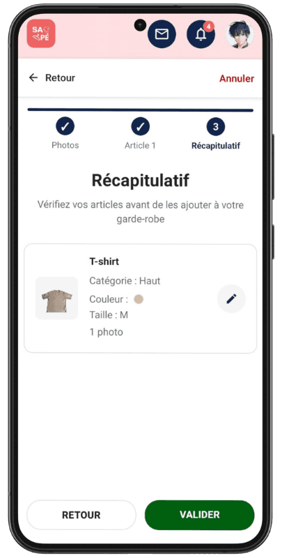 Récapitulatif d’un vêtement prêt à être ajouté à la garde-robe SAPÉ