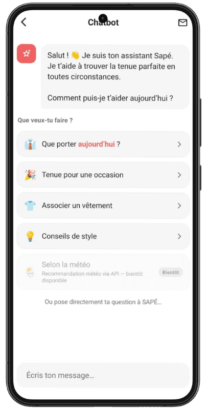 Écran du chatbot SAPÉ proposant des idées de tenues et un champ de message